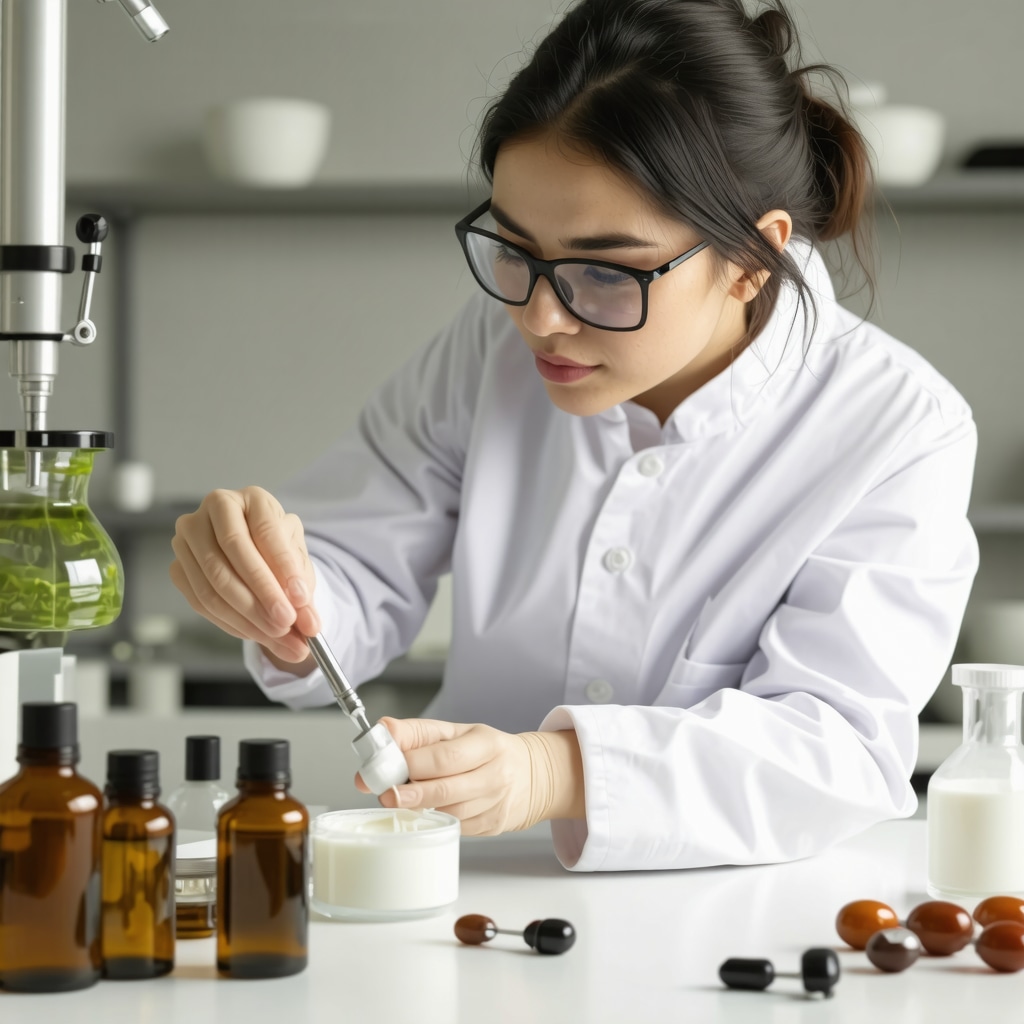 Scientist mixing tallow cream in lab with essential oils and botanicals visible