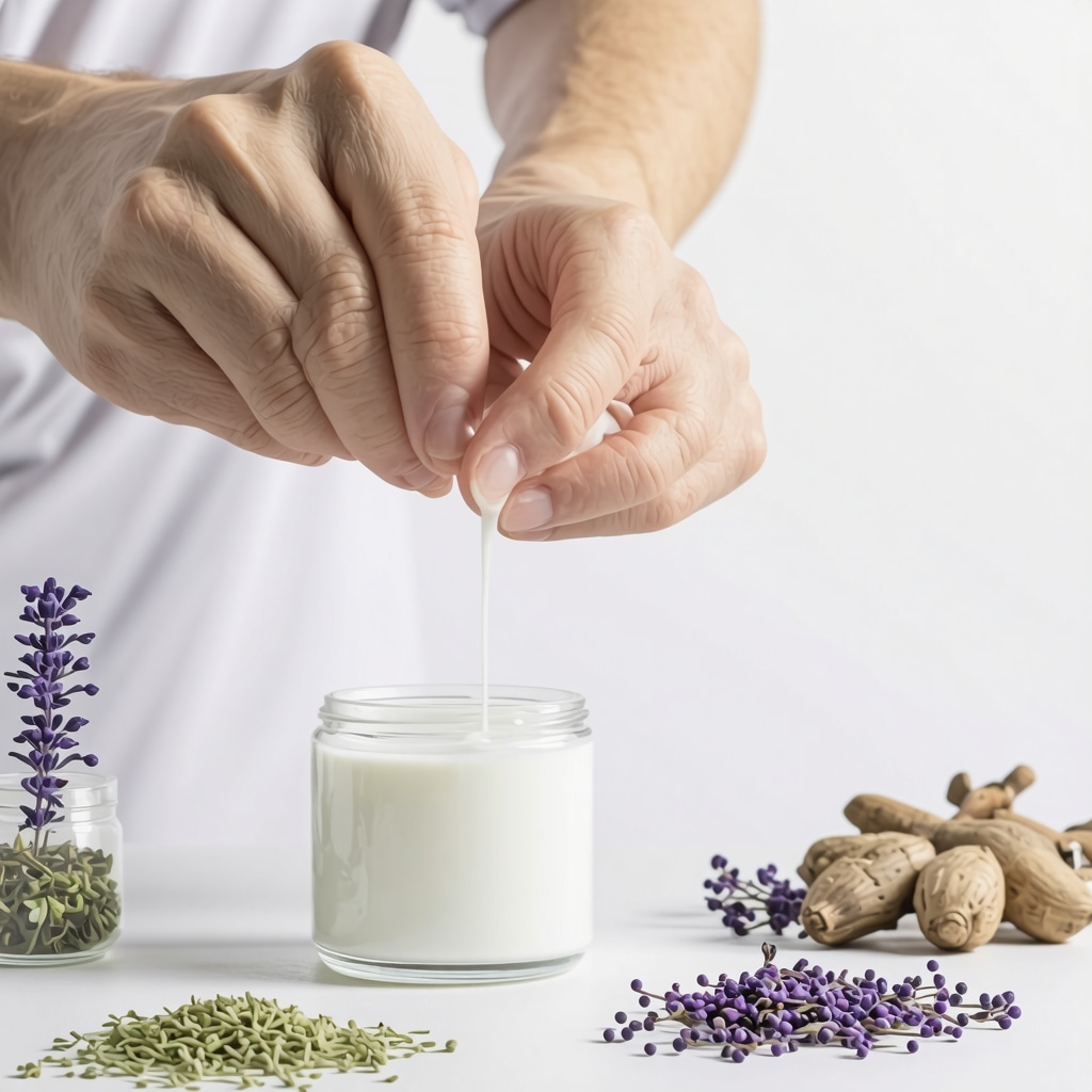 Hands mixing pure zero additive tallow cream in glass jar with natural botanicals in background