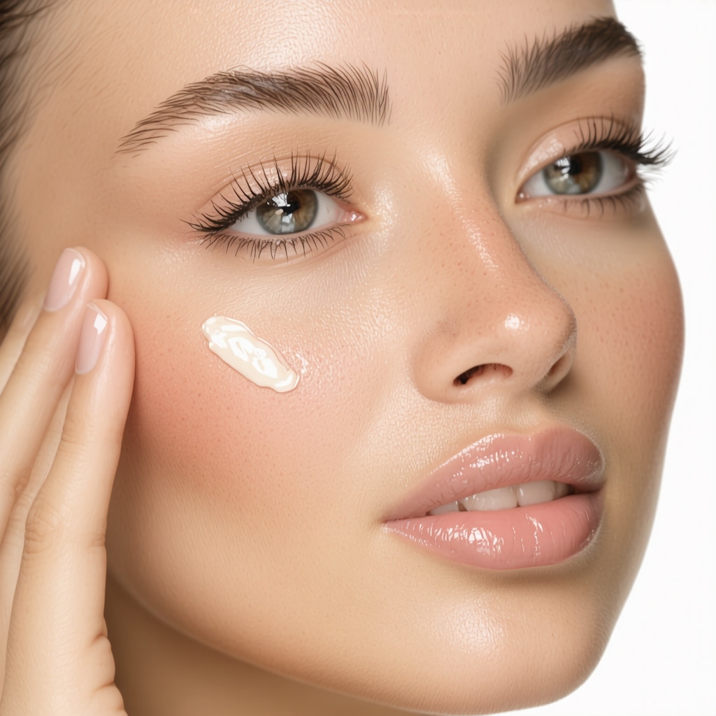 Close-up of tallow cream being gently applied on glowing facial skin