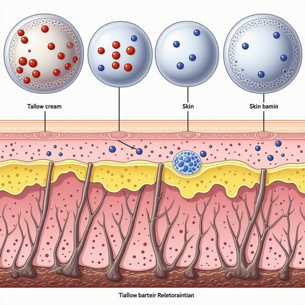 Diagram of tallow cream molecules supporting beneficial skin bacteria and enhancing the skin barrier
