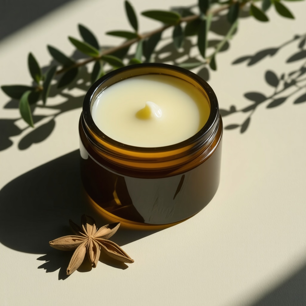Jar of tallow lip balm surrounded by natural ingredients with graphics illustrating molecular structure and ethical sourcing badges