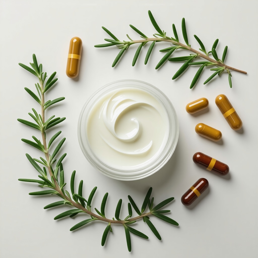 Jar of unscented tallow cream with rosemary leaves and vitamin E capsules representing antioxidant preservation