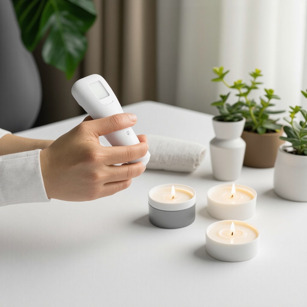 Person applying tallow balm with skin hydration device in a nighttime skincare routine with botanical elements