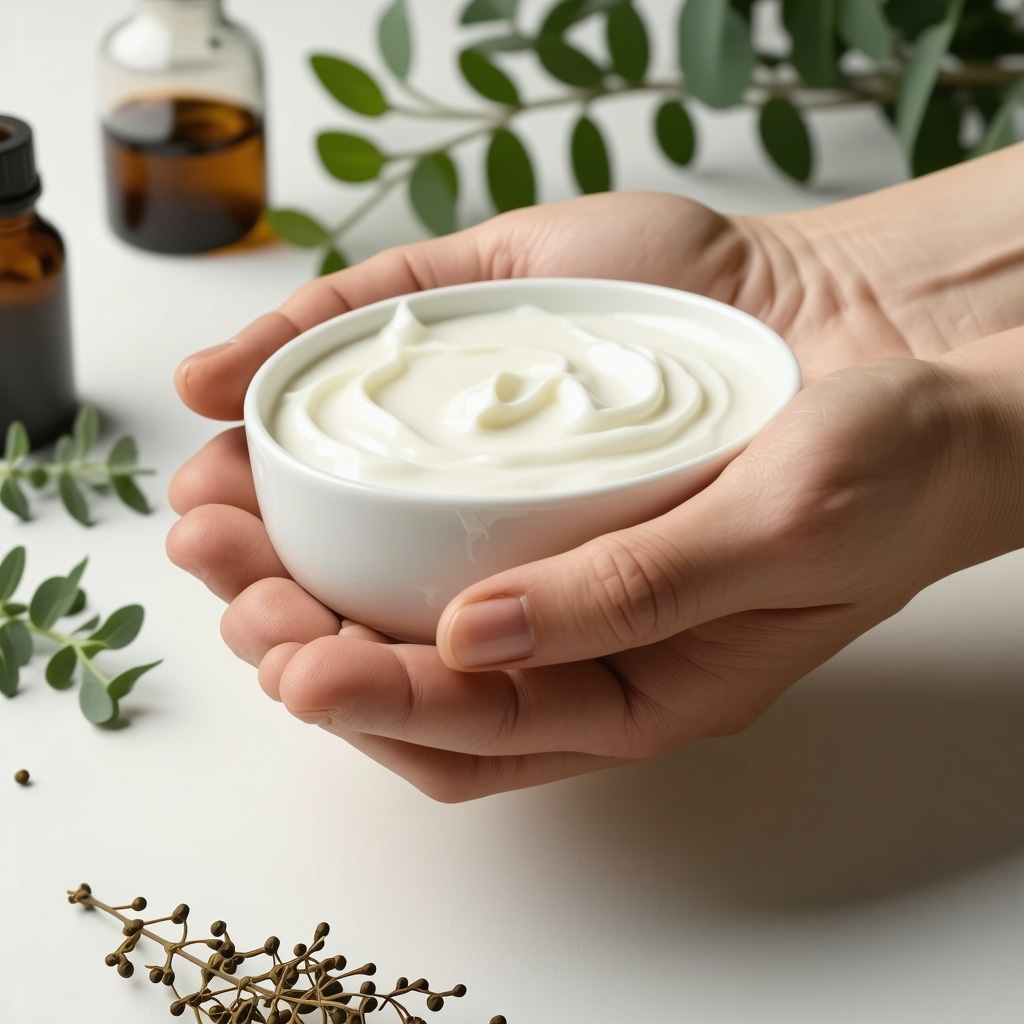 Hands warming organic tallow cream showing creamy texture with botanical elements in background