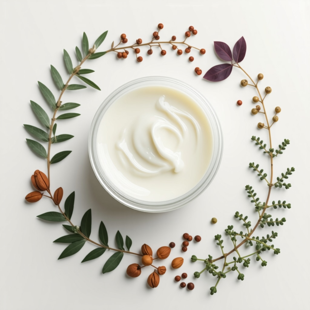 Glass jar of whipped grass-fed tallow cream with natural botanical extracts around it, symbolizing purity and sustainability in skincare