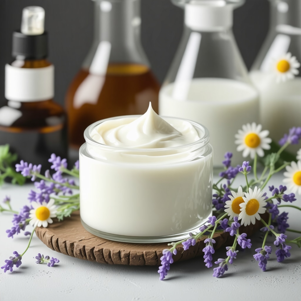 Jar of whipped grass-fed tallow cream with lavender and chamomile flowers in a skincare lab setting