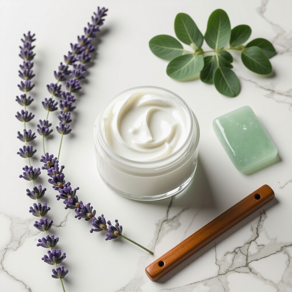 Jar of whipped grass-fed tallow cream with lavender and gotu kola leaves and jade gua sha tool on marble surface