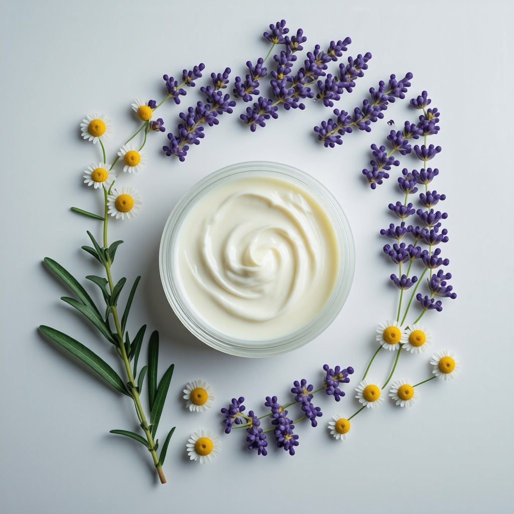 Jar of whipped homemade beef tallow cream with lavender and chamomile flowers around it