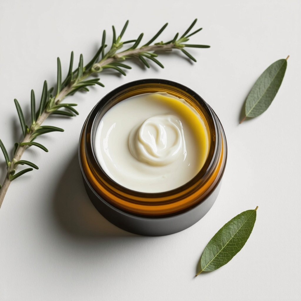 Jar of whipped organic tallow skin salve with rosemary and green tea leaves