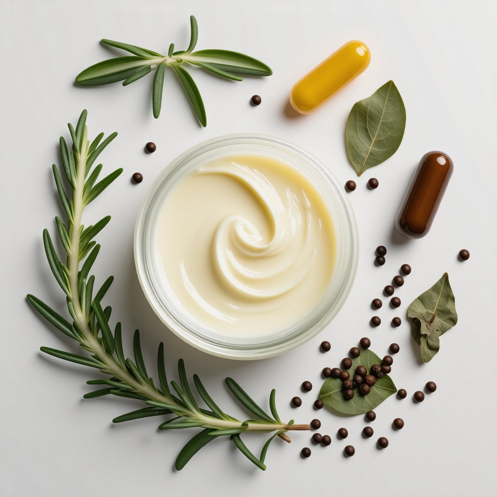 Close-up of whipped tallow butter in jar with rosemary, green tea leaves, and vitamin E capsules