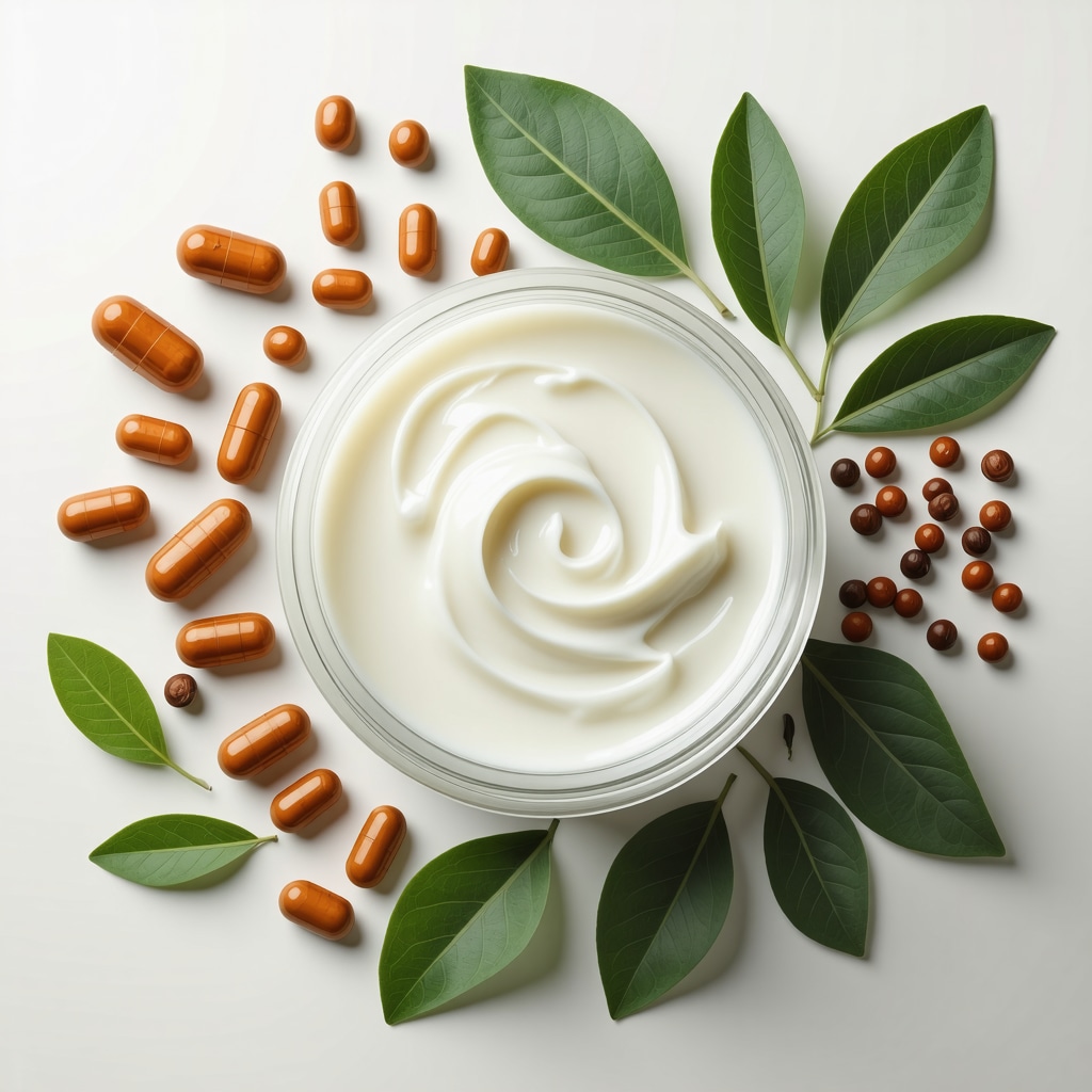 Jar of whipped tallow cream surrounded by ashwagandha, centella asiatica leaves, jojoba seeds, and vitamins