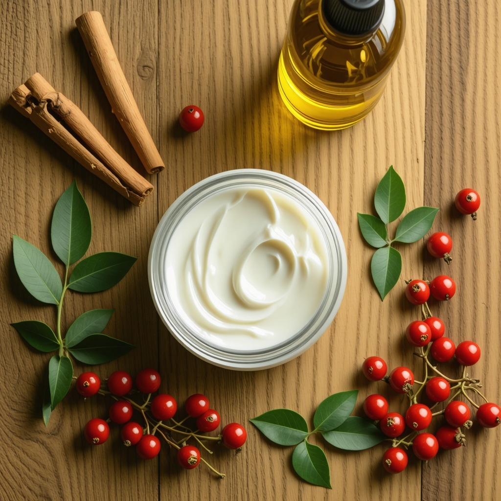 Whipped tallow cream in a jar with green tea leaves, licorice root, and rosehip oil bottles