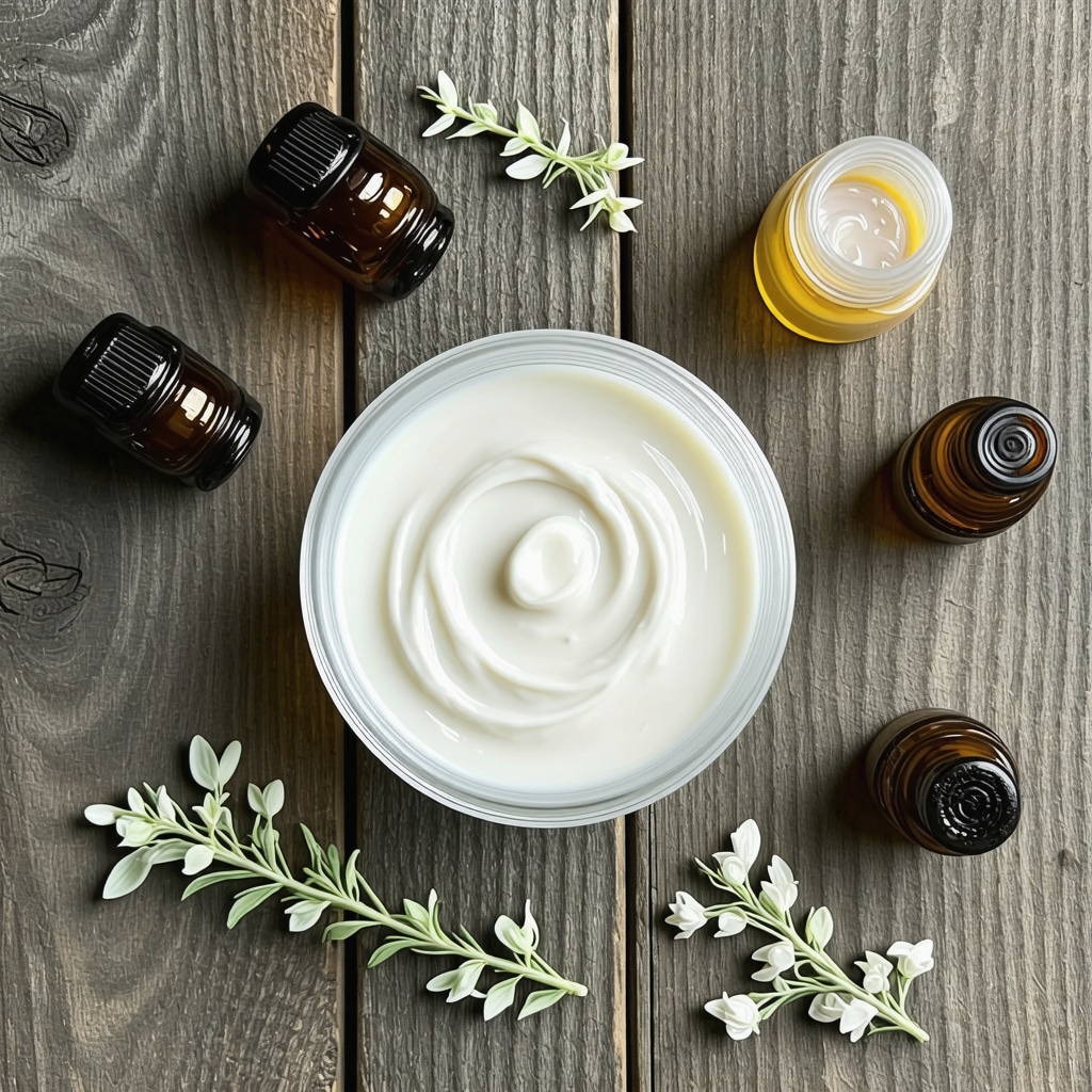 Jar of whipped tallow cream with essential oils and natural botanicals on wooden surface