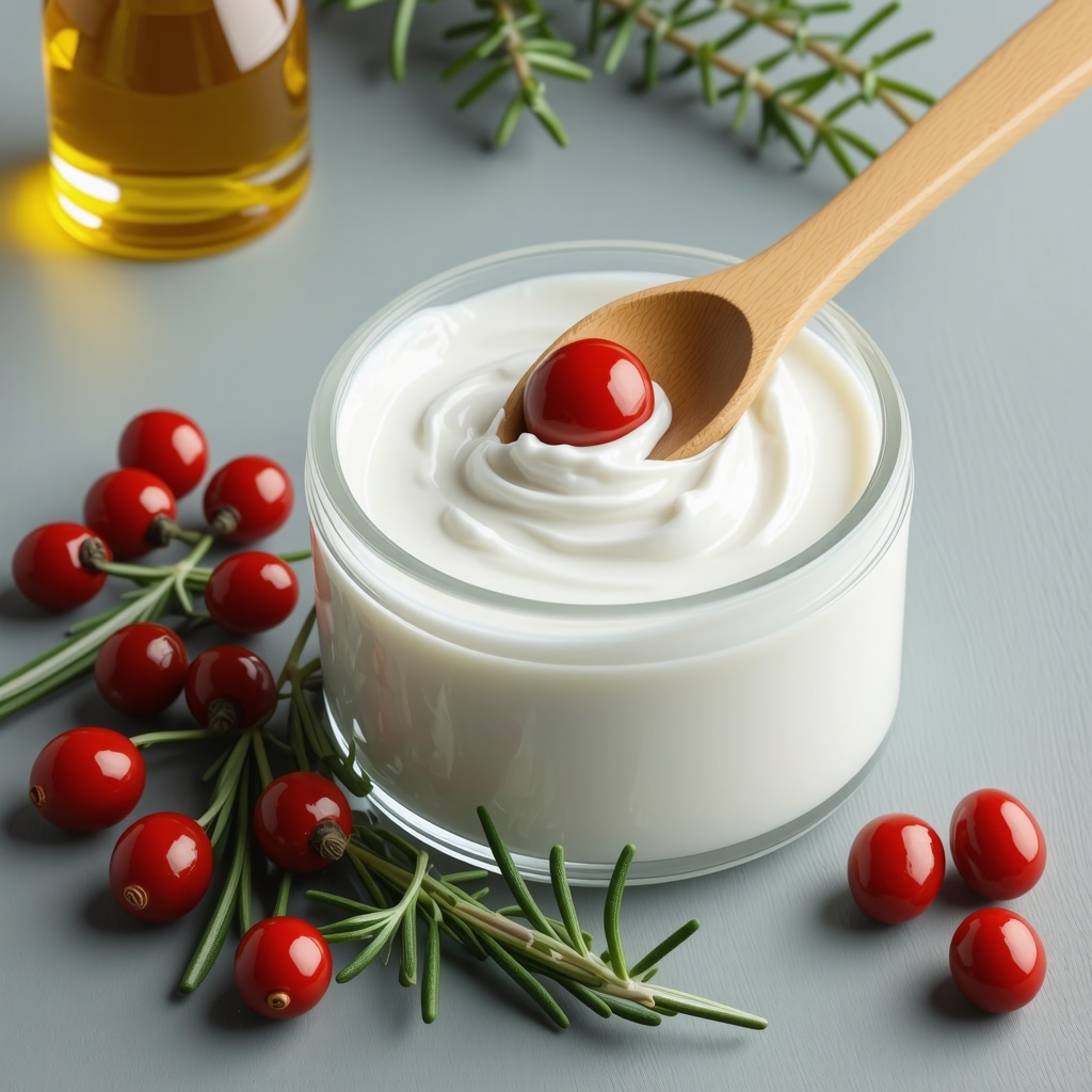Jar of whipped tallow cream with rosehip oil, vitamin E capsules, and rosemary sprigs on a wooden surface
