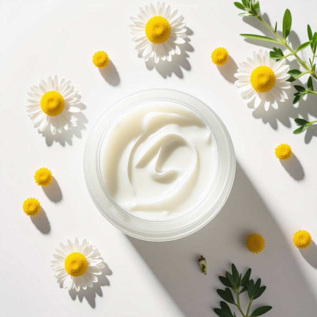 Jar of zero additive tallow cream with chamomile and calendula flowers highlighting natural skincare synergy