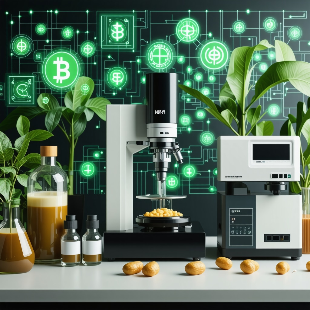 Laboratory equipment analyzing tallow with blockchain and ethical farming icons