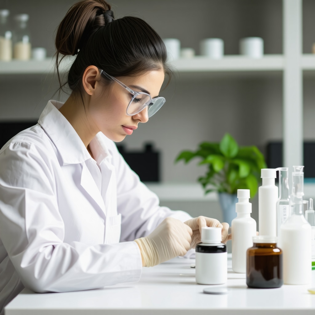 Scientist formulating tallow cream using encapsulation technology in a lab setting with botanical ingredients