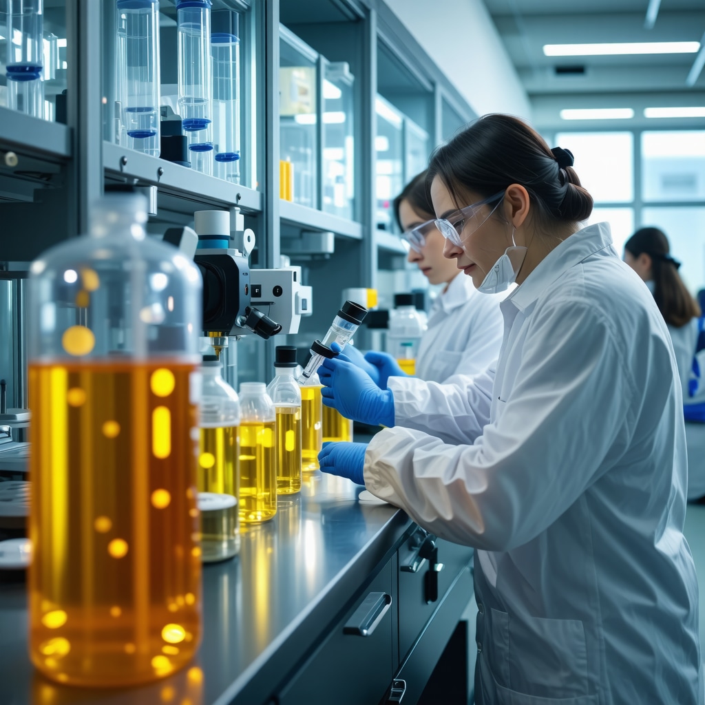 Scientists analyzing beef tallow lipid profiles with nanotechnology in a laboratory setting