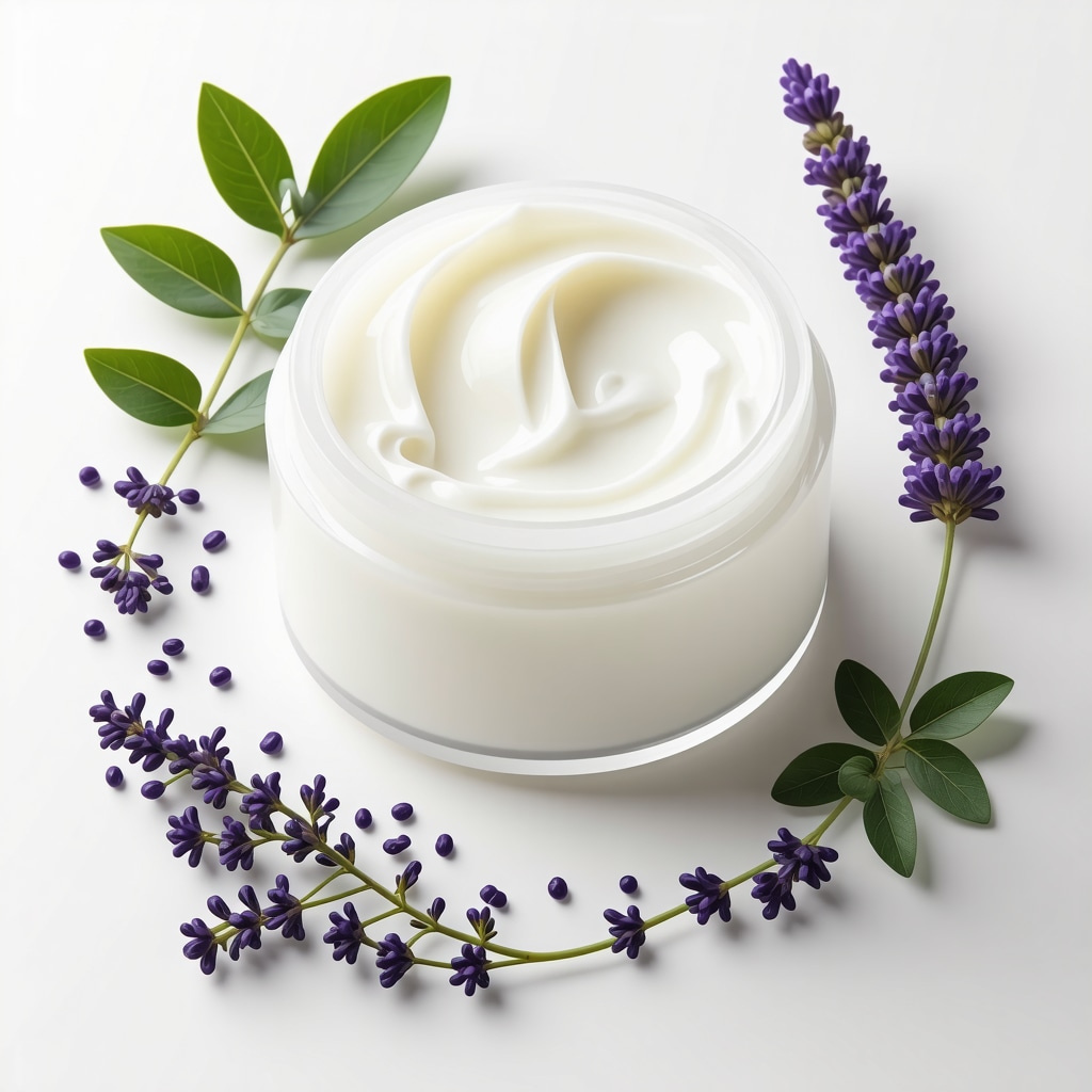 Jar of tallow cream surrounded by lavender and green tea leaves symbolizing natural skincare ingredients