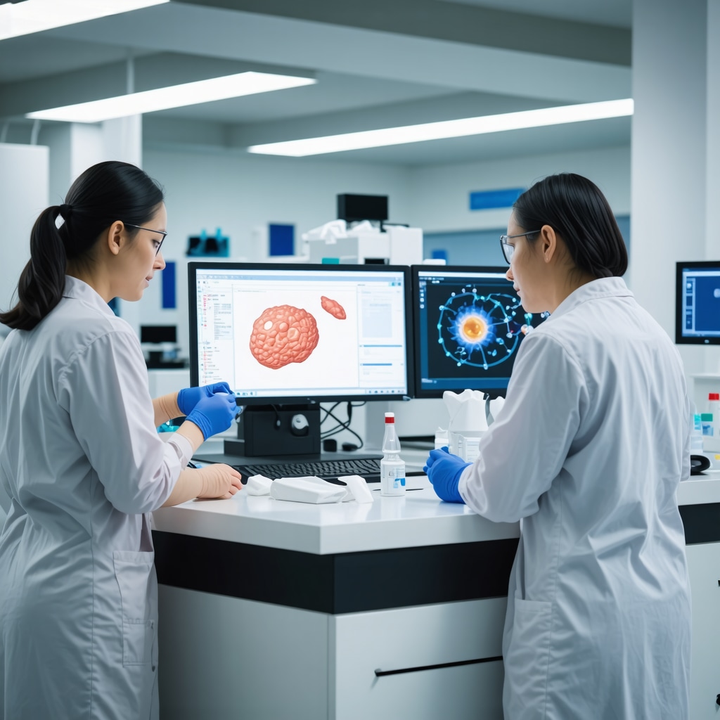 Scientists analyzing tallow and shea butter lipids with AI software in a dermatology lab