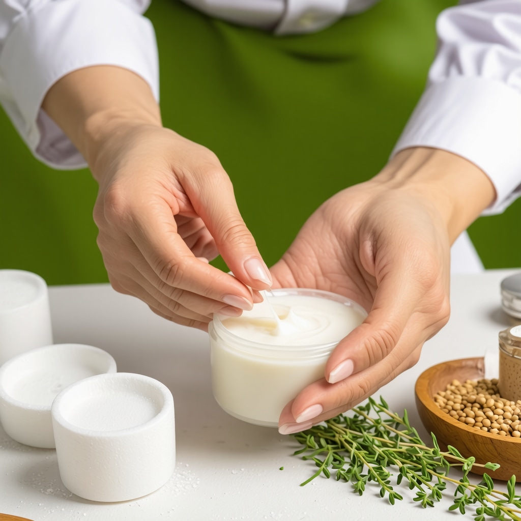 Dermatologist applying grass-fed tallow cream on skin with natural and ethical farming background
