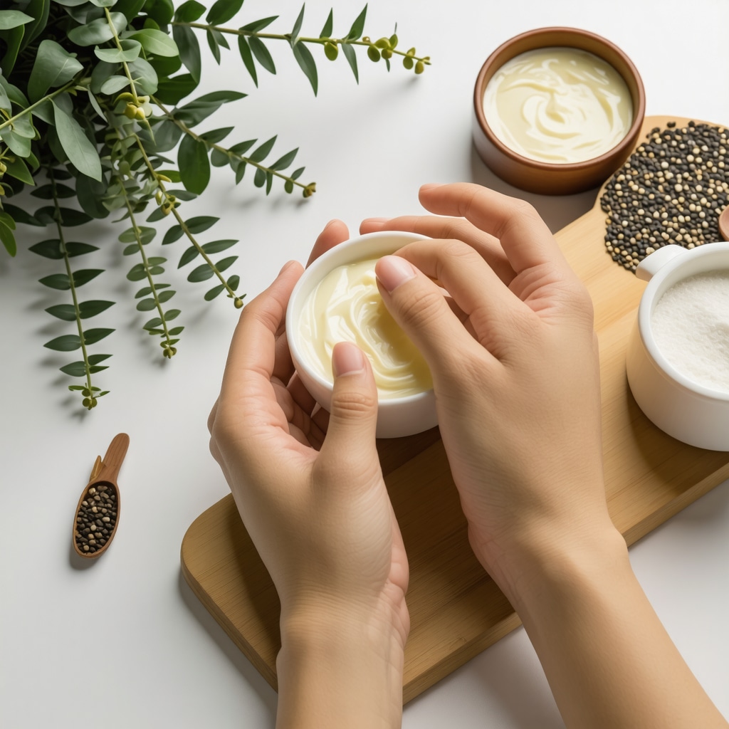 Hands gently applying homemade tallow moisturizer in a peaceful natural setting.