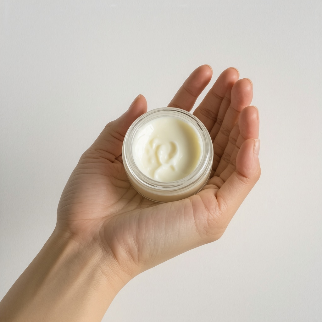 Close-up of hand applying creamy beef tallow balm on skin for natural skincare