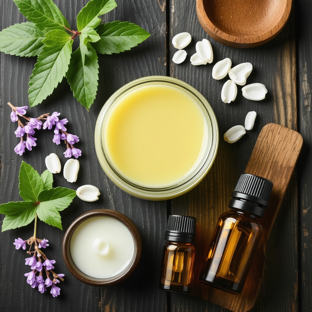 Close-up of a handcrafted tallow balm with herbs and oils in a natural setting
