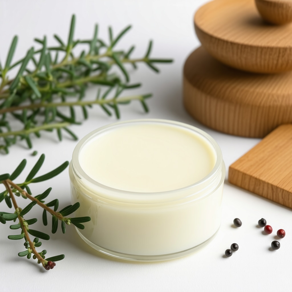 Natural tallow skincare product with herbs and essential oils, illustrating purity and traditional methods.