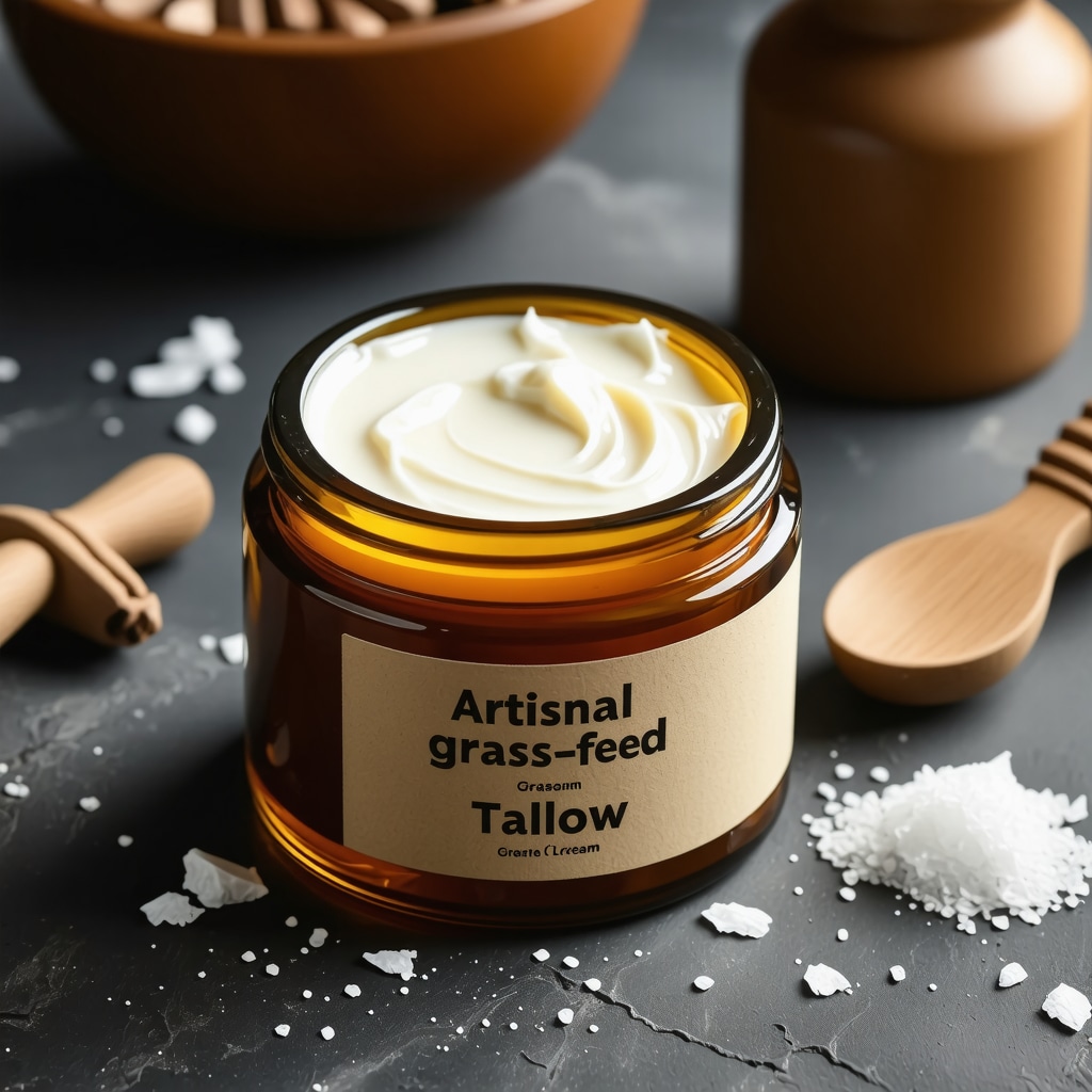 Close-up of a jar of grass-fed tallow cream surrounded by natural botanicals, highlighting purity and craftsmanship.