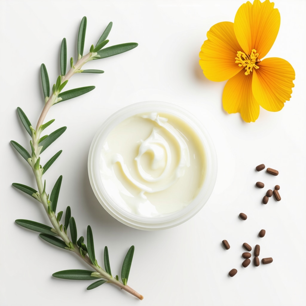 Cream blending beef tallow with rosemary and calendula extracts on minimalistic background