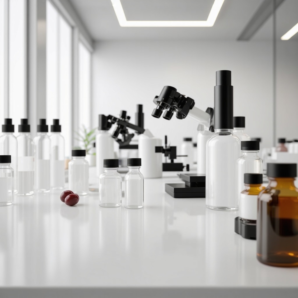 Laboratory equipment with natural oils and ingredients for skincare formulation.