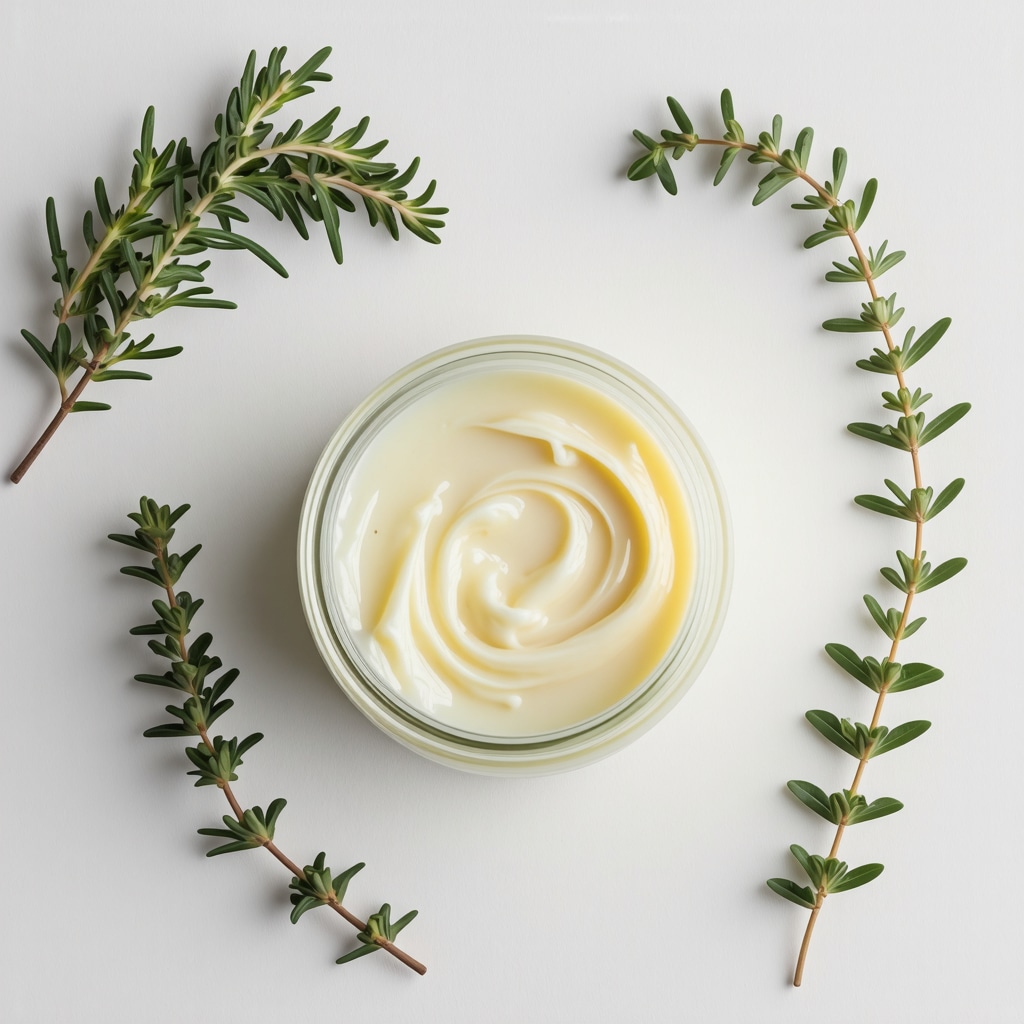 Jar of whipped grass-fed beef tallow with herbs and natural background