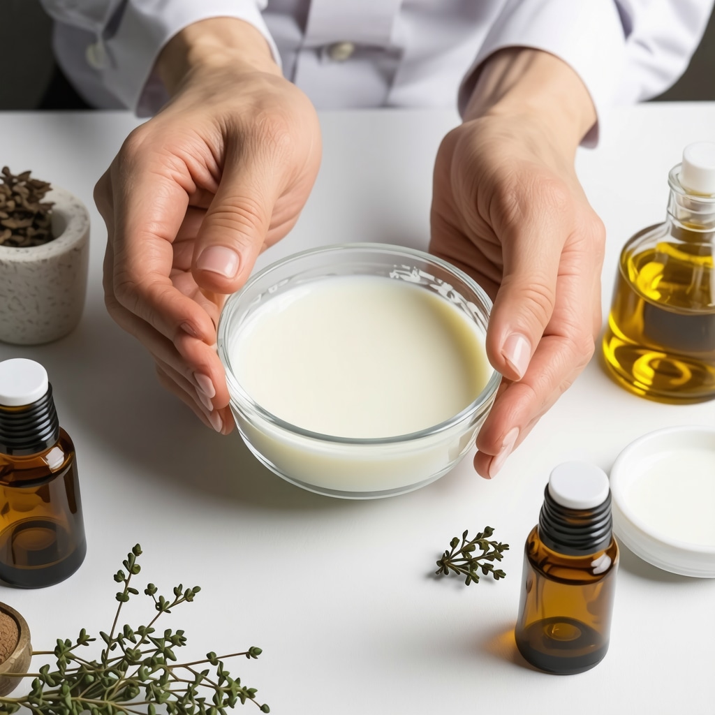 Dermatologist mixing organic tallow balm with essential oils in a clinical setting