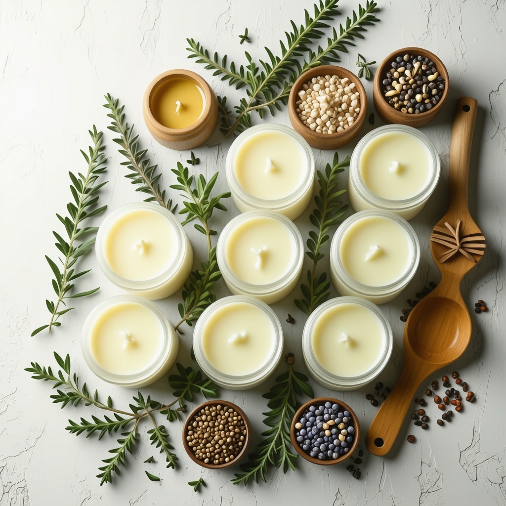 Display of grass-fed tallow and lanolin skincare products surrounded by herbs and natural tools.