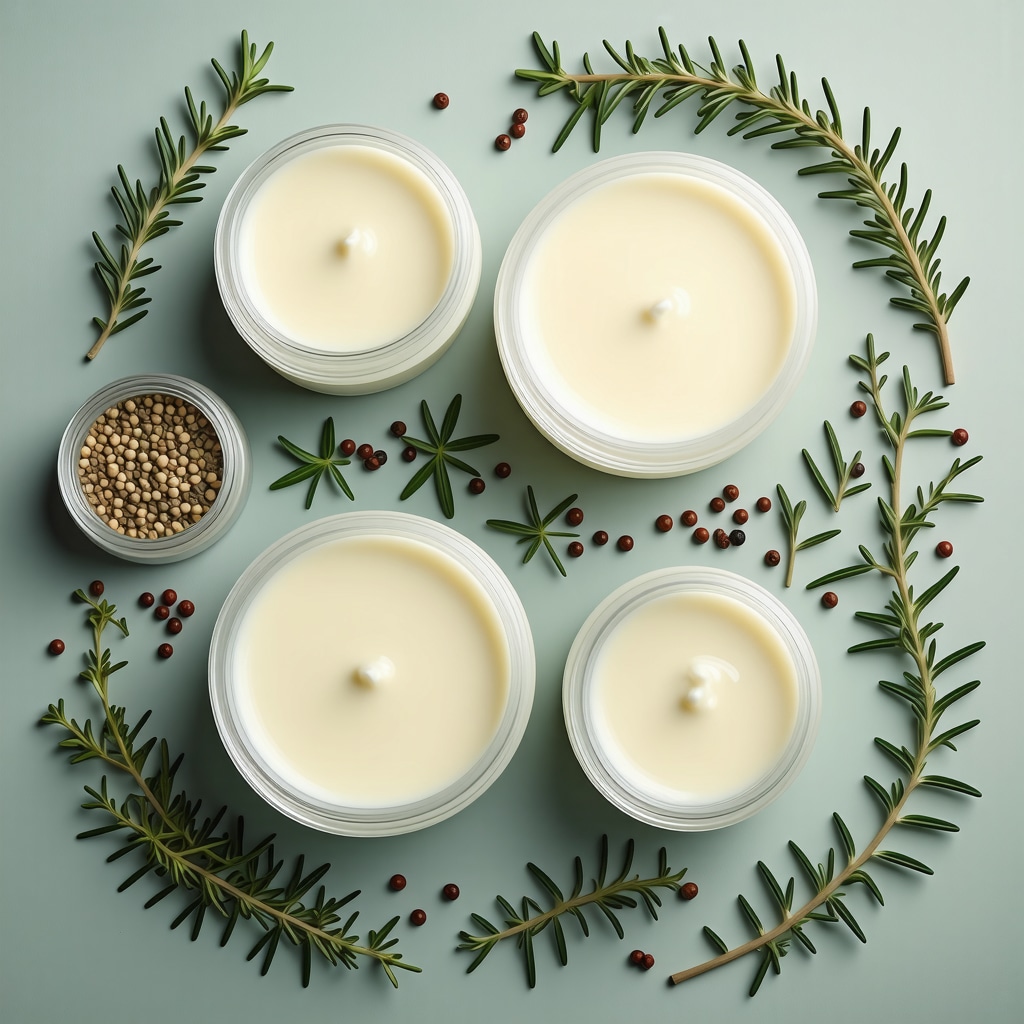 Jars of grass-fed tallow with herbs and skincare tools on a natural wooden surface.