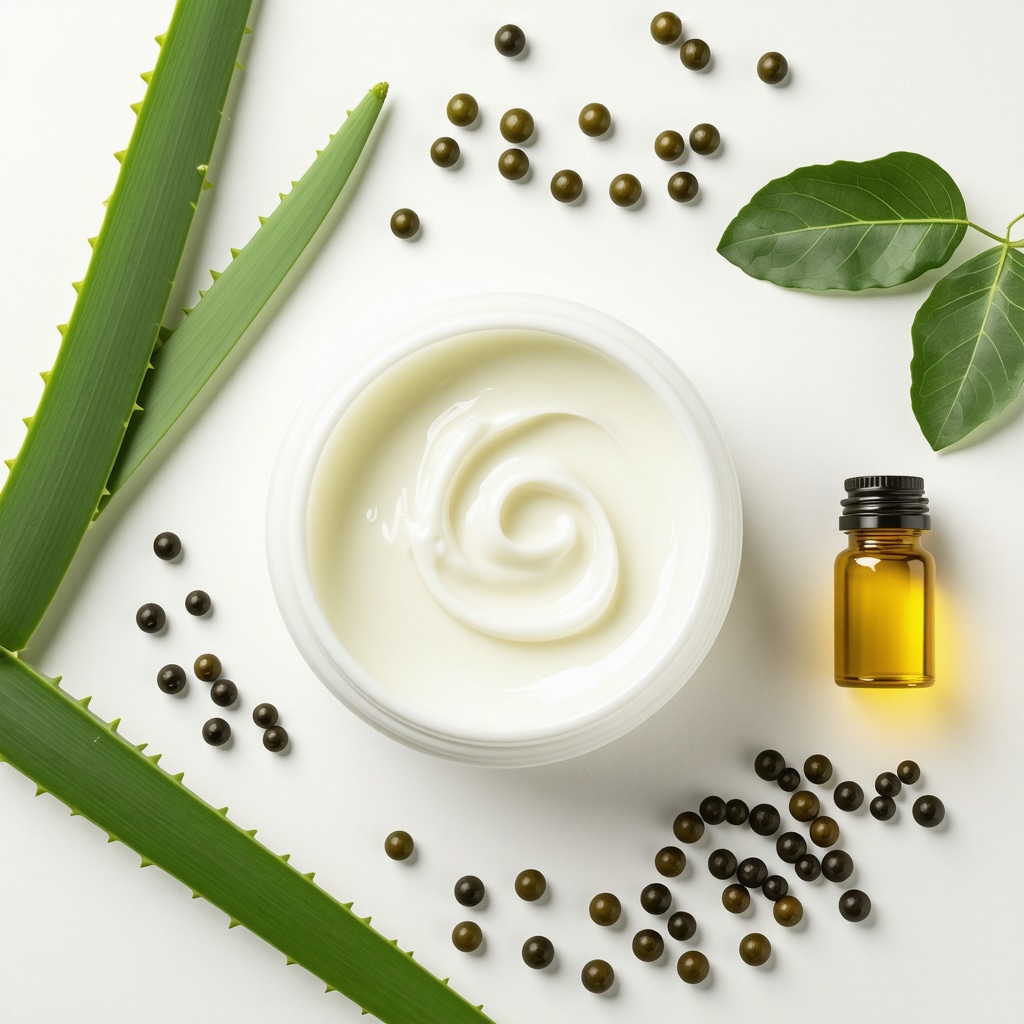 Jar of grass-fed tallow cream with natural oils and aloe vera, alongside skin microbiome illustration