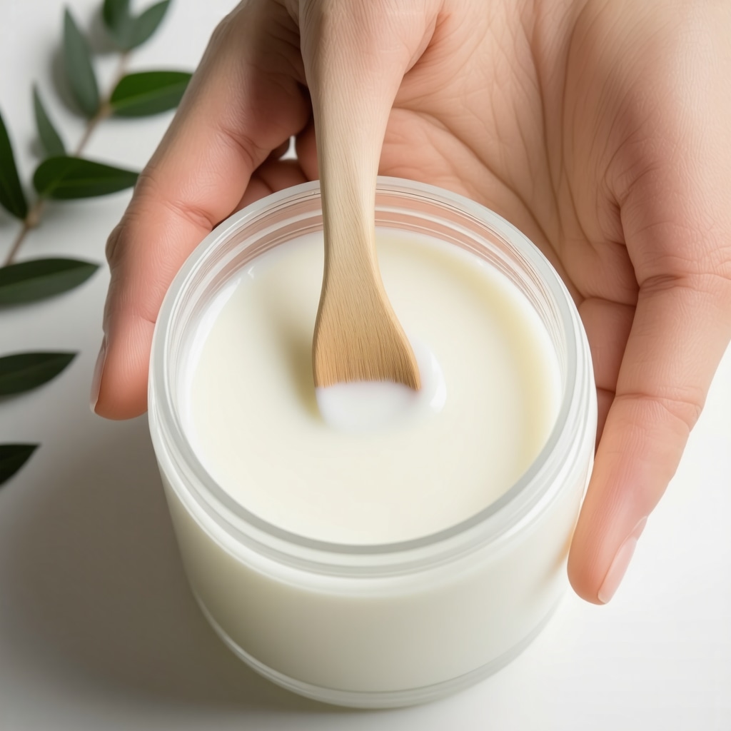 Hand blending tallow with herbs in a glass jar, demonstrating skincare formulation process.