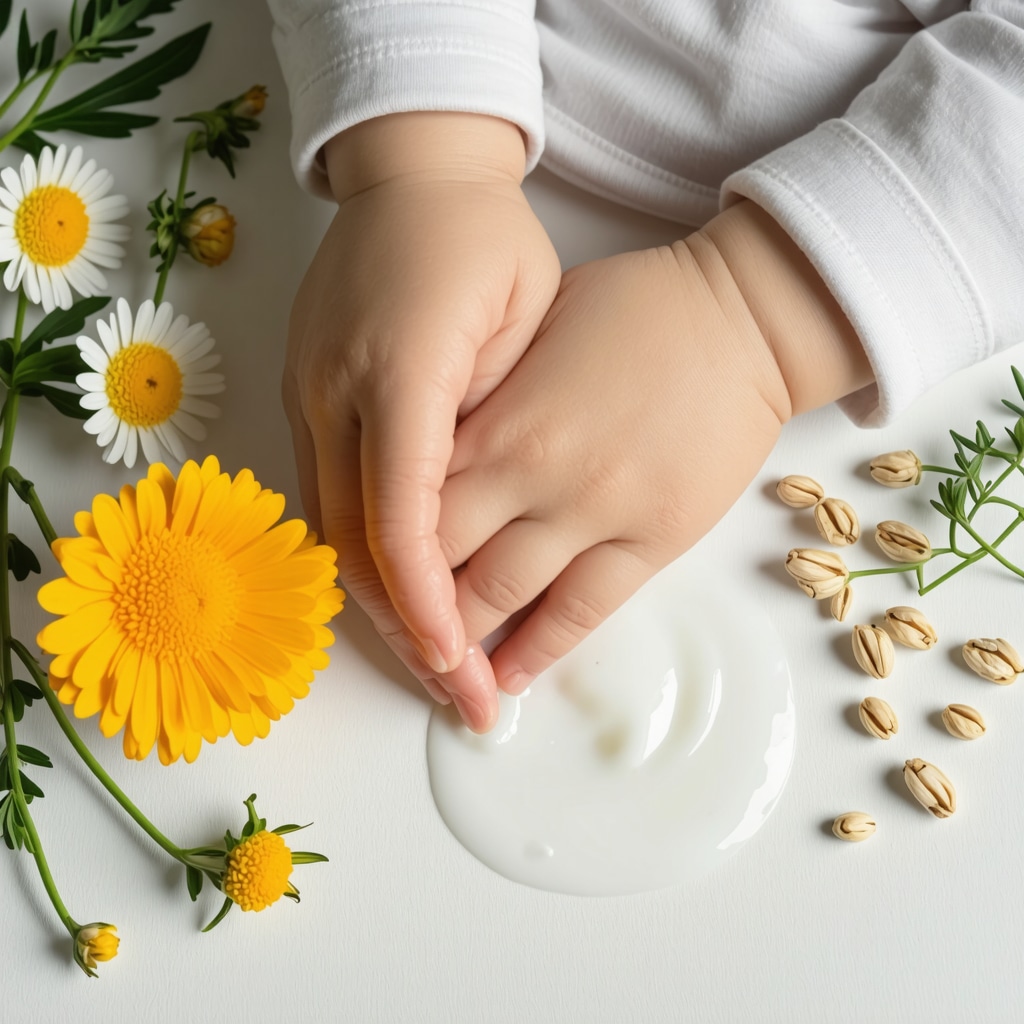 Baby hand receiving gentle massage with tallow lotion alongside calendula and oat flowers