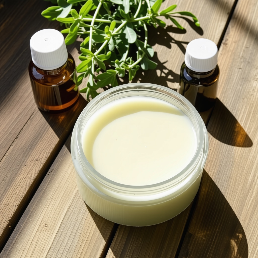 Jar of grass-fed tallow balm surrounded by herbs and essential oil bottles on wooden surface