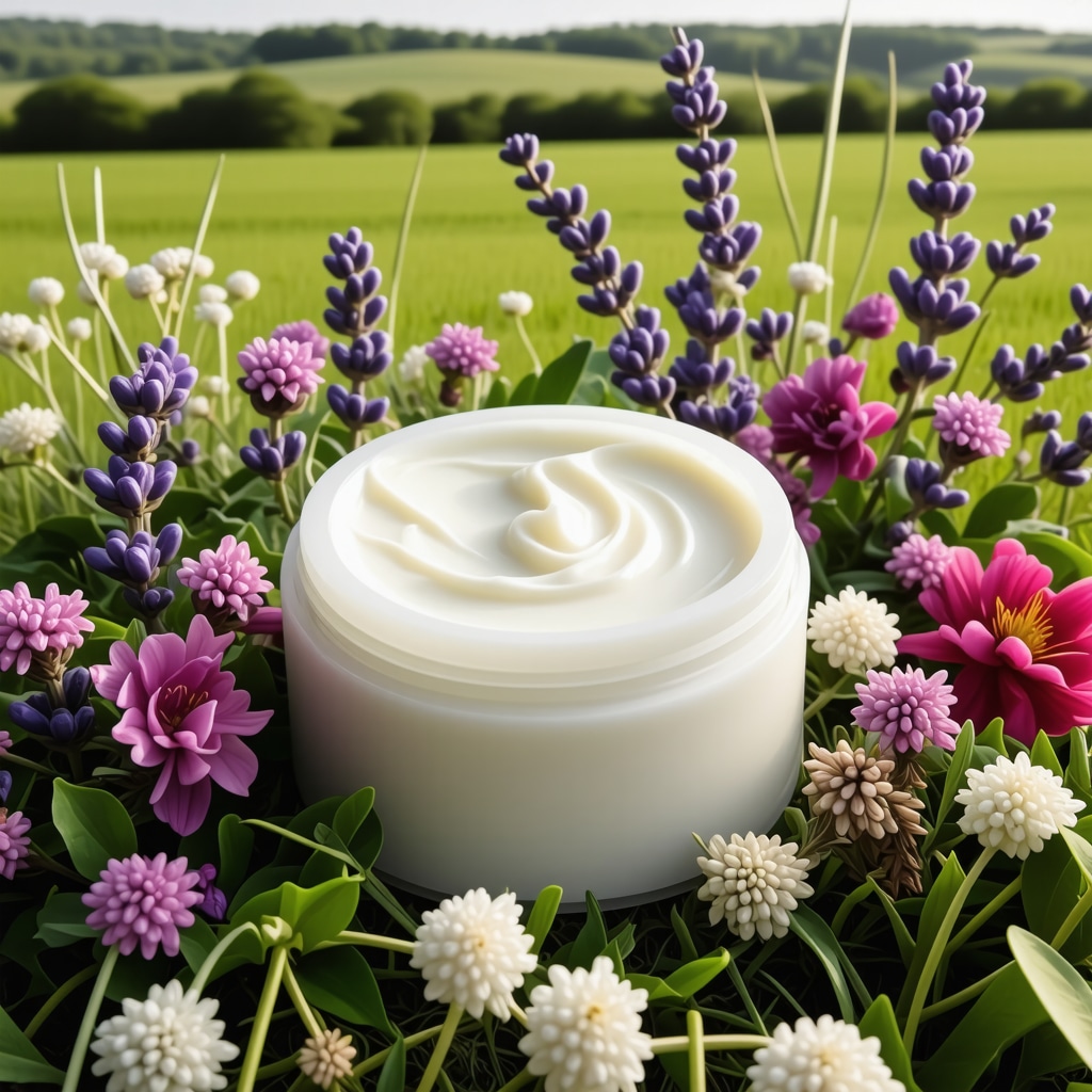 Tallow cream jar with fresh botanical ingredients and green pastures background