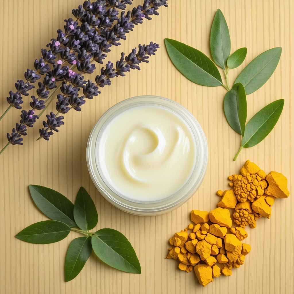 Jar of grass-fed tallow cream with lavender, turmeric, and green tea leaves on wooden surface