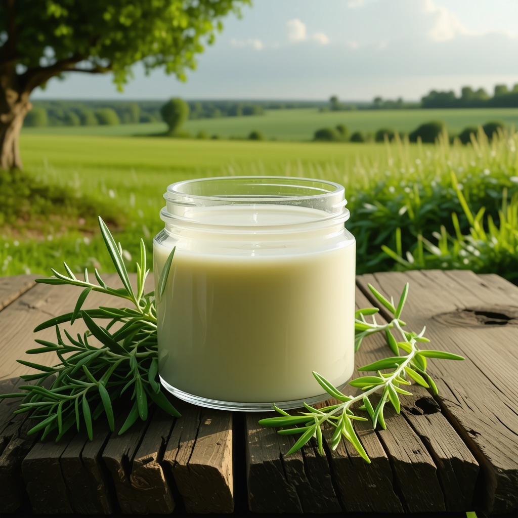 A jar of creamy grass-fed tallow surrounded by herbs and green pastures, representing natural skincare.