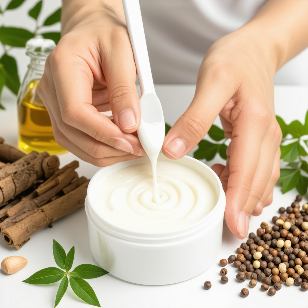 Close-up of hands applying beef tallow cream surrounded by natural botanicals and molecular lipid structure illustration