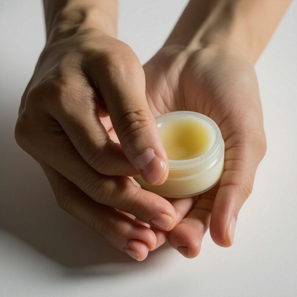 Close-up of hand applying tallow balm on skin for healing