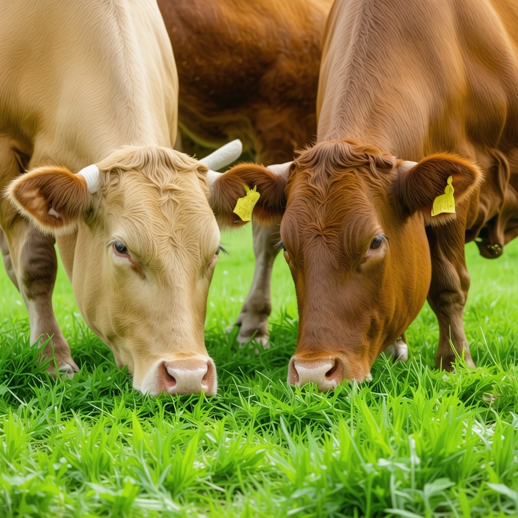 Close-up of a grass-fed cow grazing on green pasture