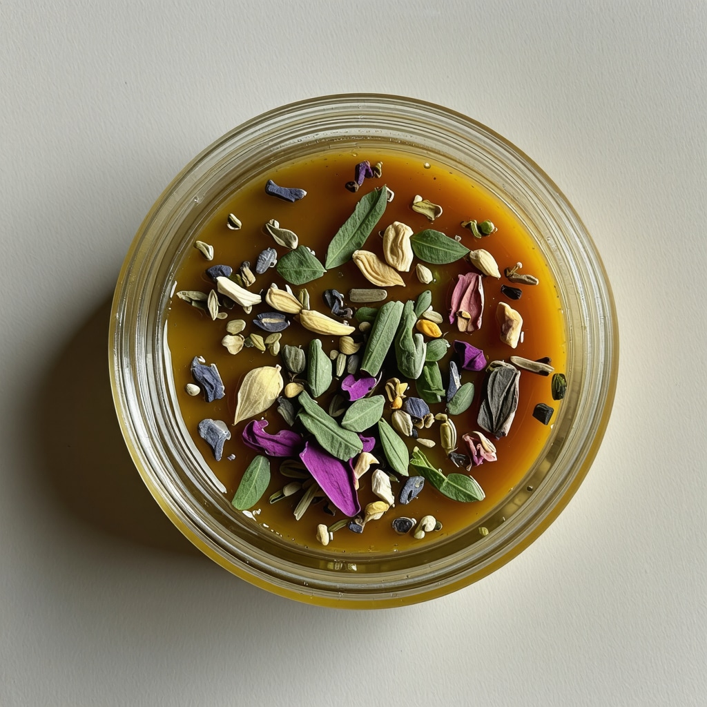 Jar of herbal-infused grass-fed tallow showing its rich texture and natural ingredients.