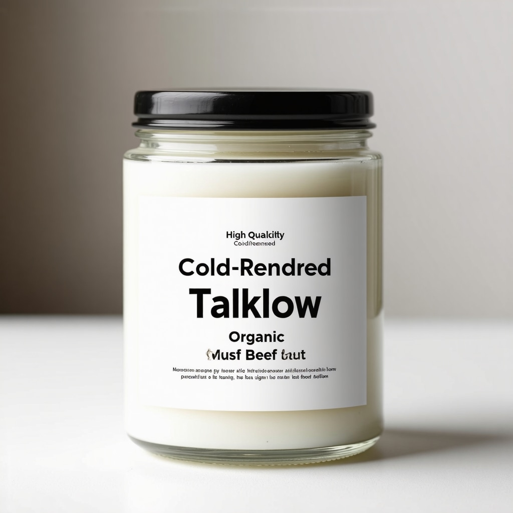 A jar of pure, organic beef tallow showing its rich, creamy texture in a rustic setting.