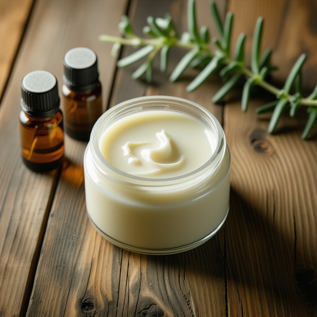 Close-up of a jar of homemade grass-fed beef tallow moisturizer with essential oils on a wooden surface