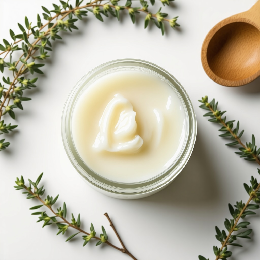 Close-up of a jar of homemade grass-fed tallow skin balm with natural ingredients around it.